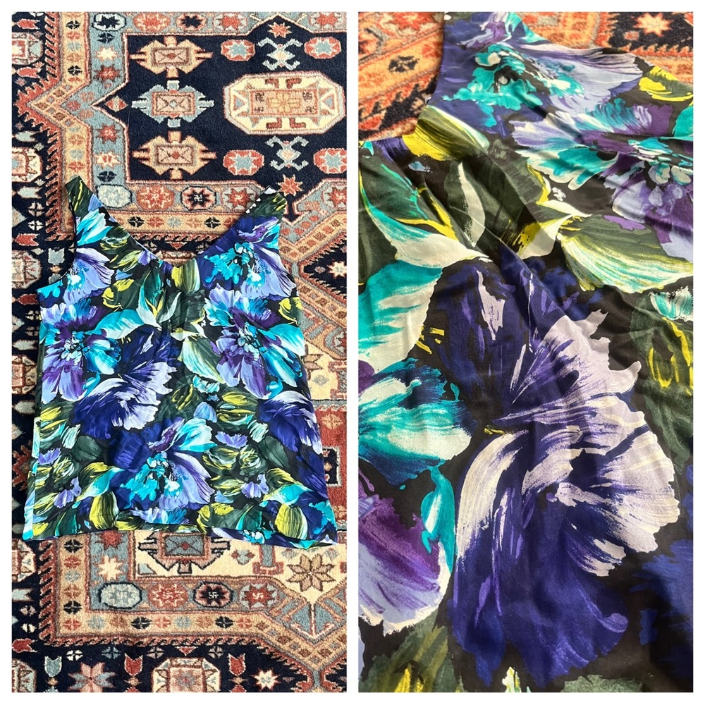 Vintage Express silk blue green floral top v neck sleeveless boxy blouse M